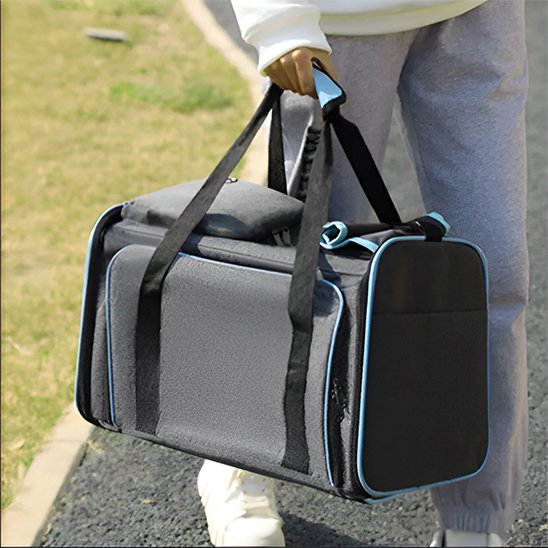 femme portant sac pour transport chien par poignées