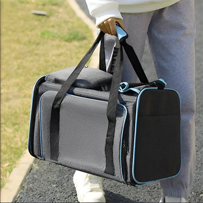 femme portant sac pour transport chien par poignées