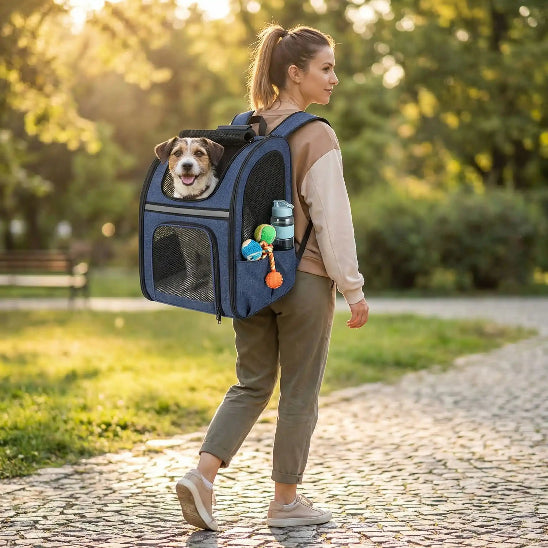 femme promenade avec chien dans sac à dos chien bleu