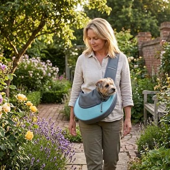 femme promenade avec chien sac pour transporter chien bandoulière jardin