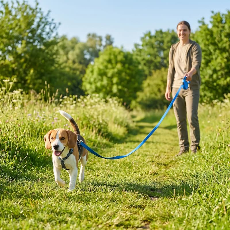 femme promenade beagle longe pour chien bleu