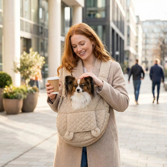 femme promenade chien papillon dans sac a dos chien beige