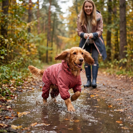 femme promenade cocker sous pluie avec manteau pour chien rose