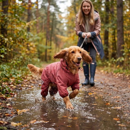 femme promenade cocker sous pluie avec manteau pour chien rose