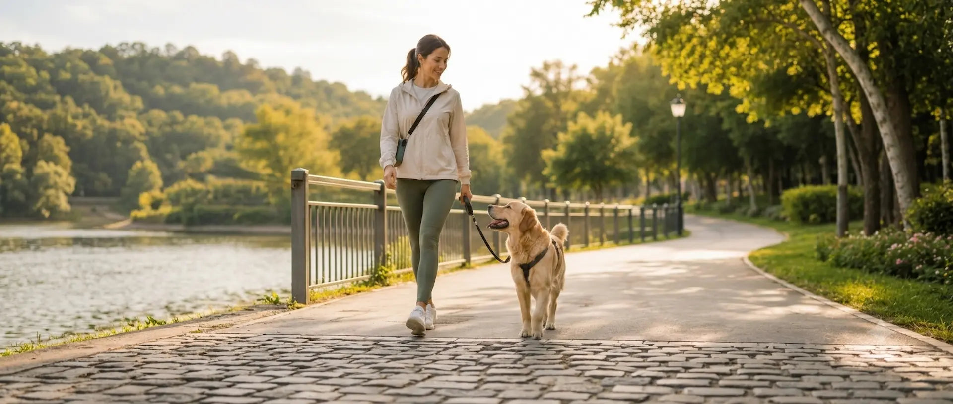 femme promenade golden retriever parc urbain verdoyant