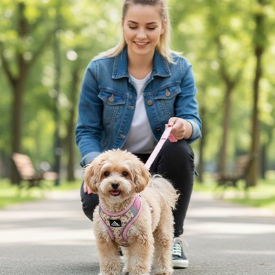 femme promenant chien avec harnais pour petit chien rose fleuri