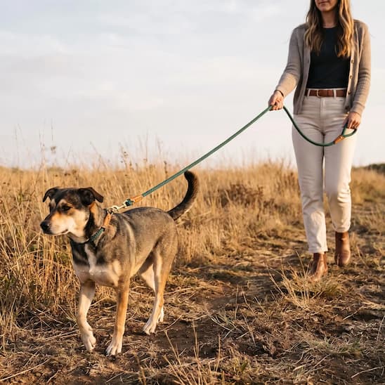 femme promenant chien longe chien vert dans champ