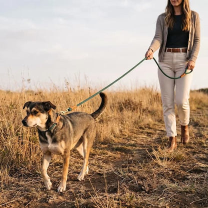 femme promenant chien longe chien vert dans champ