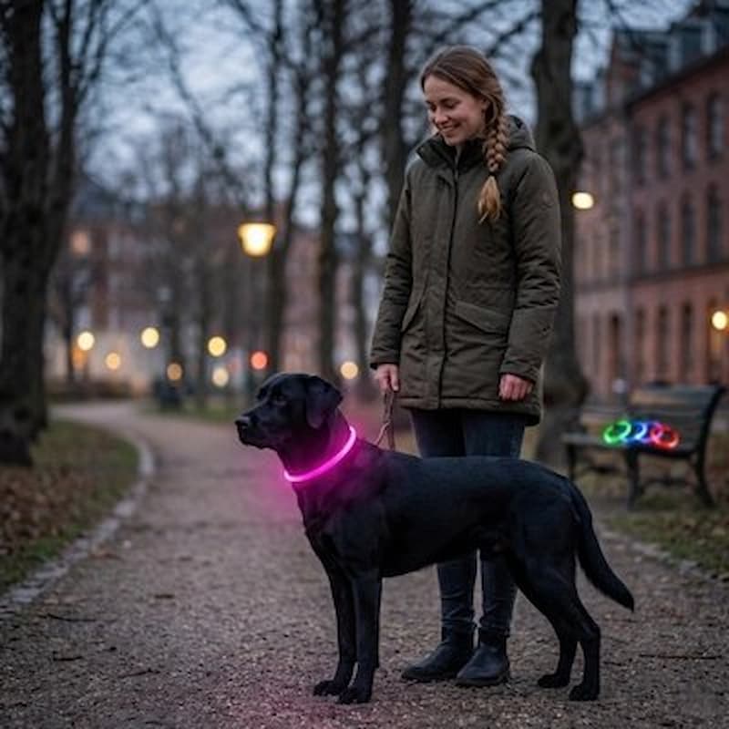 femme promenant chien noir collier chien lumineux parc