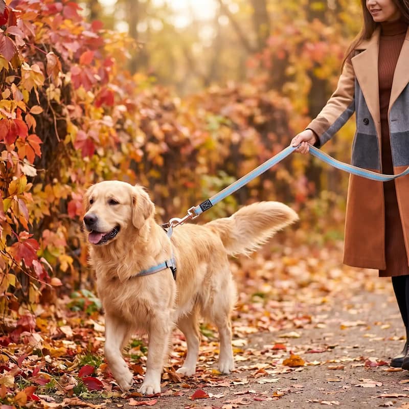 femme promenant golden laisse chien rayure bleu parc automne