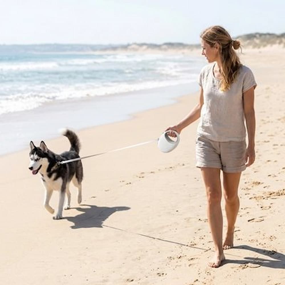 femme promenant husky plage avec laisse pour chien enrouleur