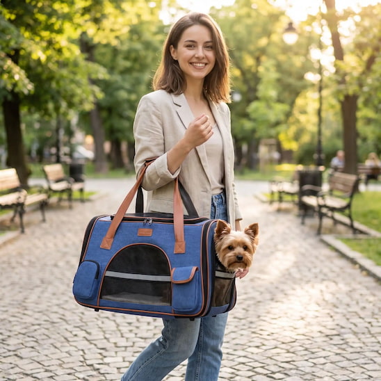 femme promenant yorkshire sac de transport chien maille respirante