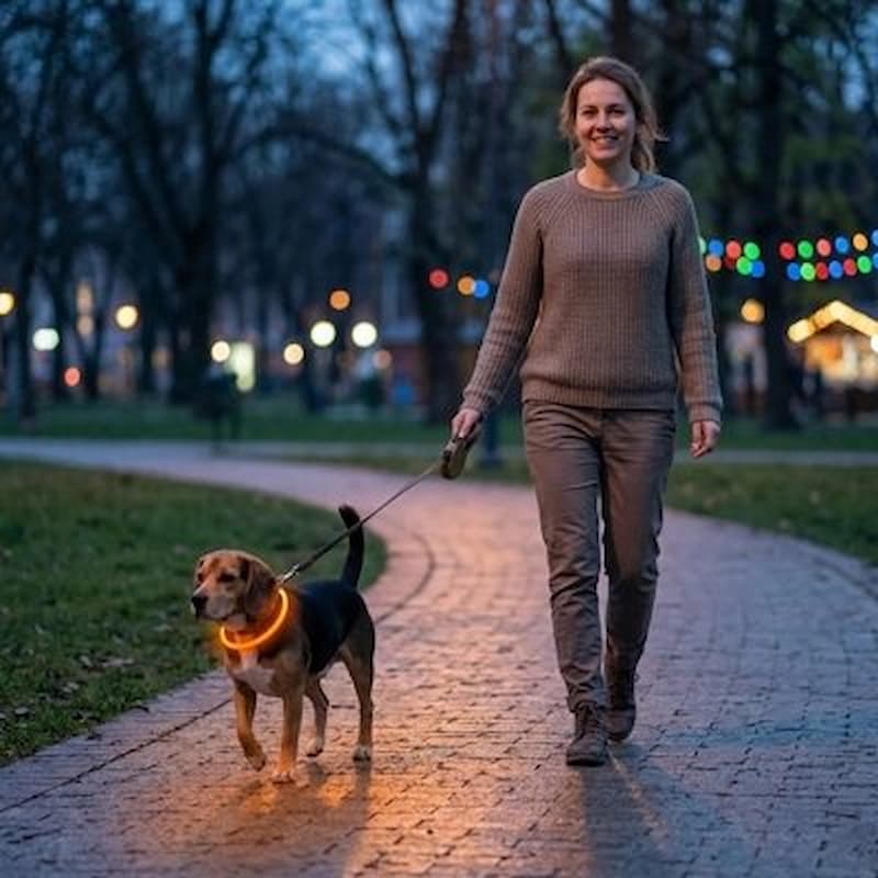 femme promene beagle avec collier chien lumineux parc nocturne