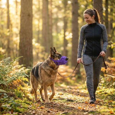 femme promene berger allemand dans foret museliere violet