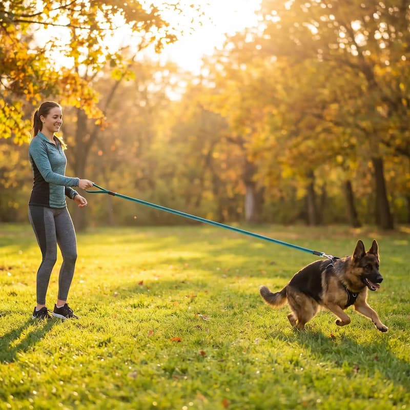 femme promene berger allemand longe chien bleu parc automne