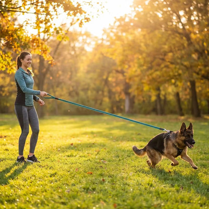 femme promene berger allemand longe chien bleu parc automne