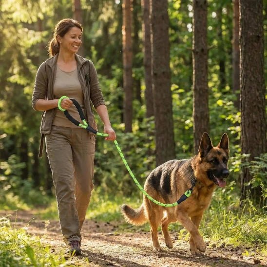 femme promene berger allemand sentier avec laisse chien vert fluo