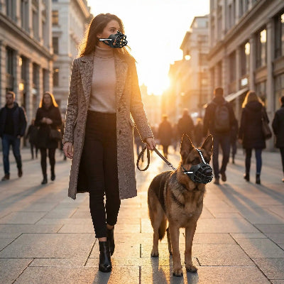 femme promene berger allemand zone urbaine avec museliere chien
