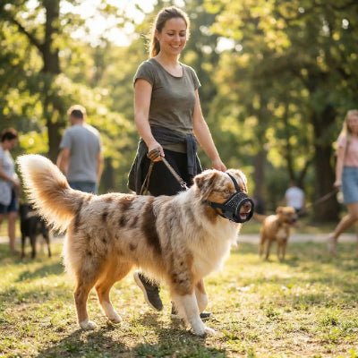 femme promene berger australien parc muselière pour chien noir