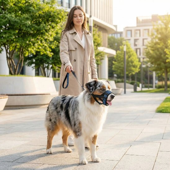 femme promene berger australien zone urbaine museliere chien bleu