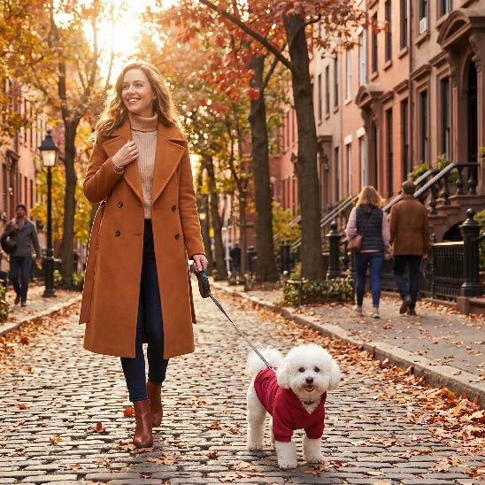 femme promene bichon avec pull pour chien rouge zone urbaine