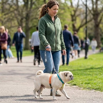 femme promène carlin portant harnais chien en h dans parc