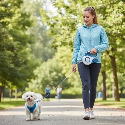 femme promene chien blanc parc laisse pour chien enrouleur bleu