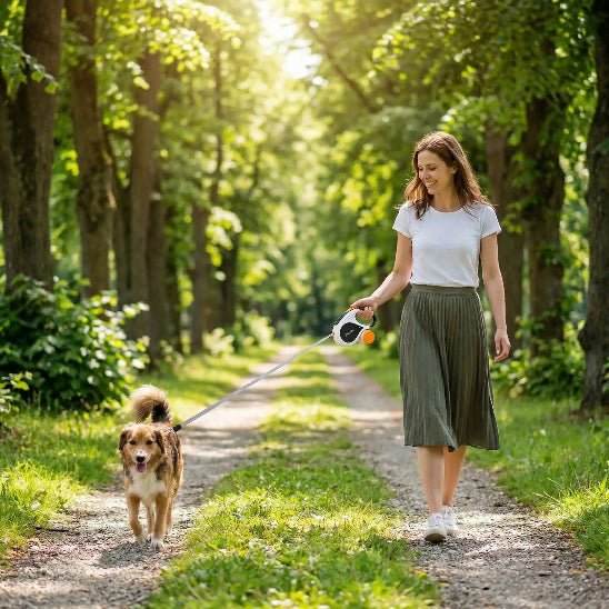 femme promene chien dans allee arbres laisse chien enrouleur noir