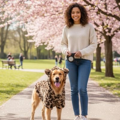 femme promene chien dans parc avec manteau chien leopard
