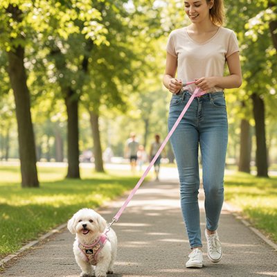 femme promene chien portant harnais pour petit chien rose fleuri