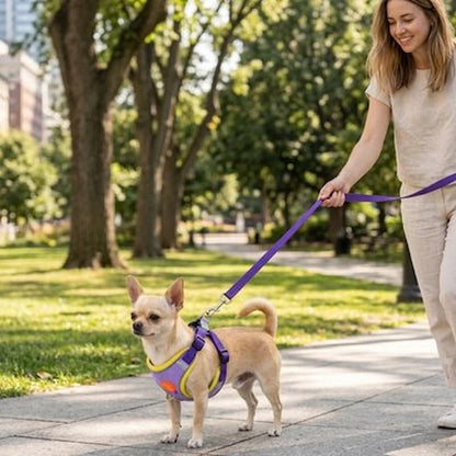 femme promène chihuahua portant harnais pour chien violet