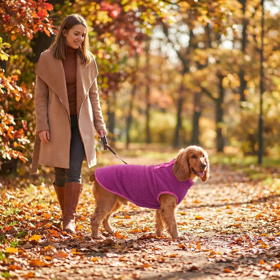 femme promene cocker parc automne avec manteau chien rose