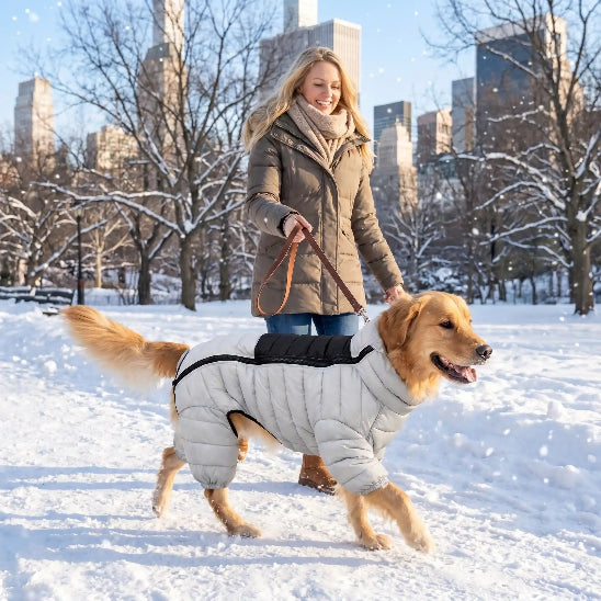 femme promene dans neige golden retriever avec manteau pour chien