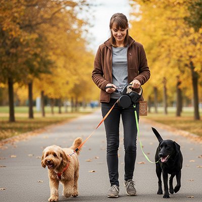 femme promene deux chiens laisse double chien kaki parc automne