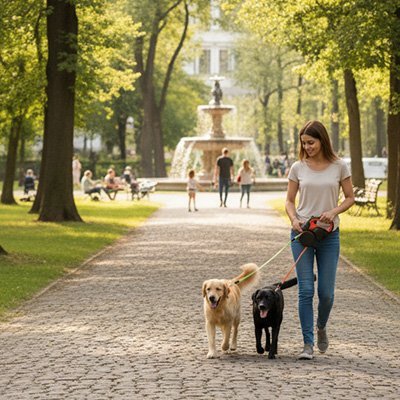 femme promene deux chiens parc urbain laisse double chien rouge