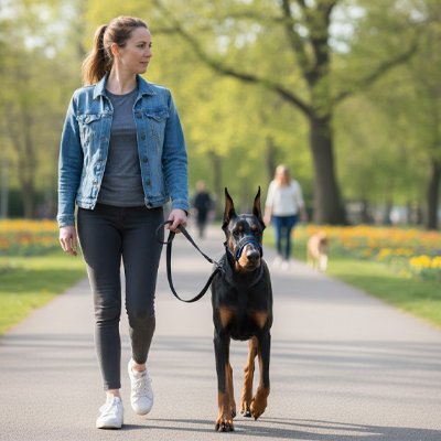 femme promene doberman dans allee parc avec muselière bleu
