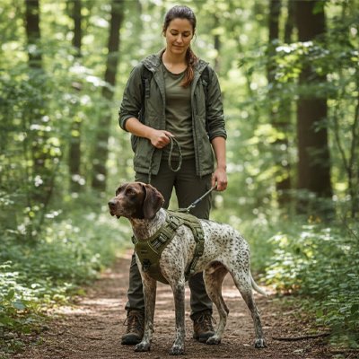 femme promene epagneul portant harnais pour chien vert dans foret 