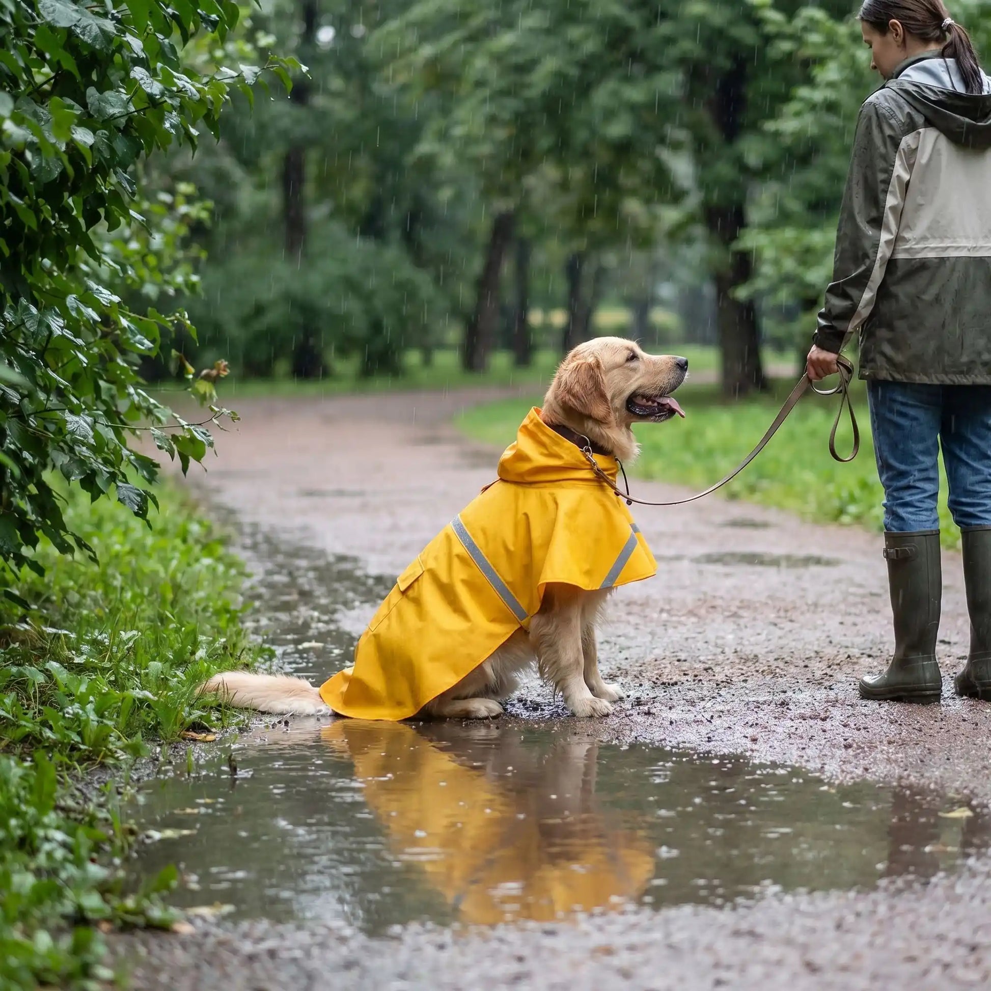 femme promene golden avec imperméable pour chien dans parc pluie