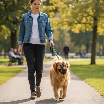 femme promene golden dans parc avec museliere pour chien