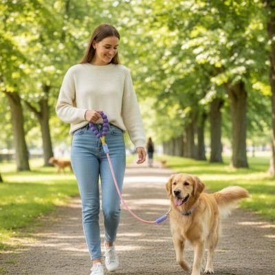 femme promene golden dans parc laisse chien rose