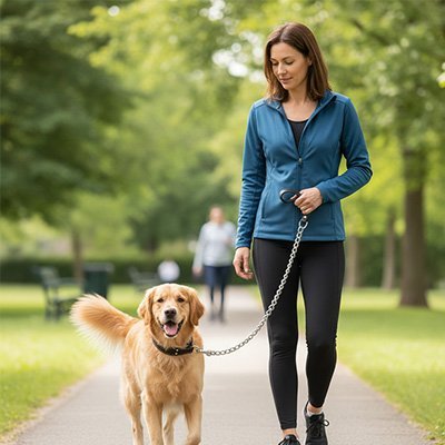 femme promene golden dans parc verdoyant laisse pour chien chaine