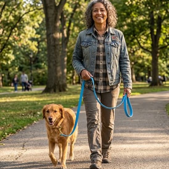 femme promene golden retriever avec longe chien bleu parc