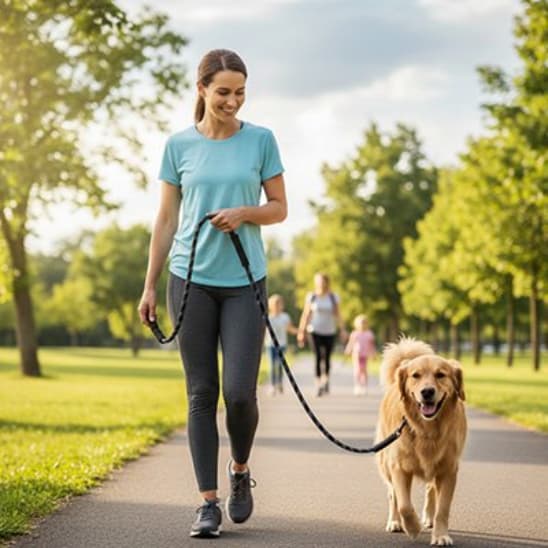 femme promene golden retriever avec longe pour chien noir