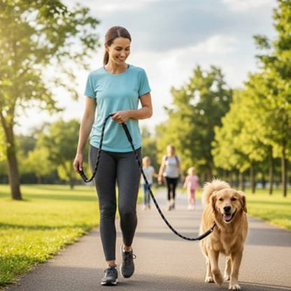 femme promene golden retriever avec longe pour chien noir
