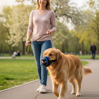 femme promene golden retriever dans parc avec museliere bleu