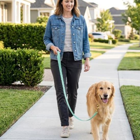 femme promene golden retriever lotissement avec longe chien vert