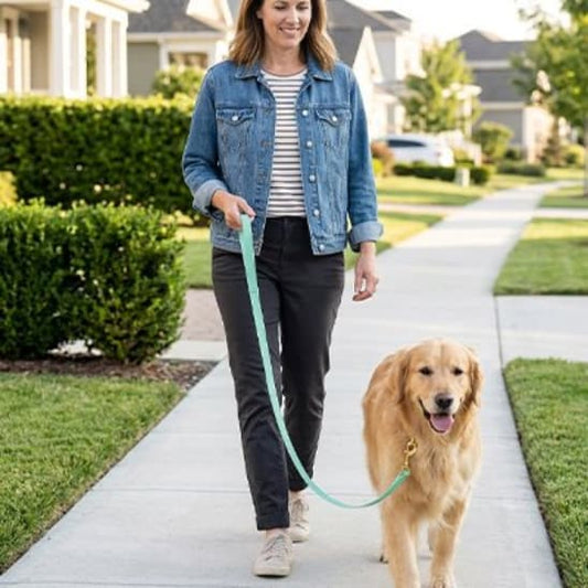 femme promene golden retriever lotissement avec longe chien vert