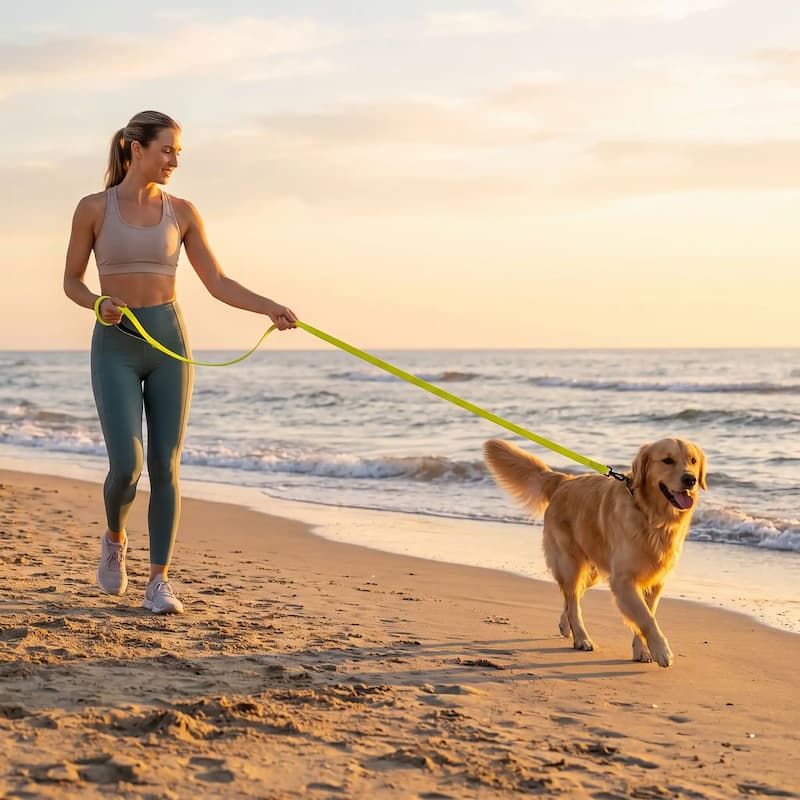 femme promenen golden retriever plage longe chien jaune fluo