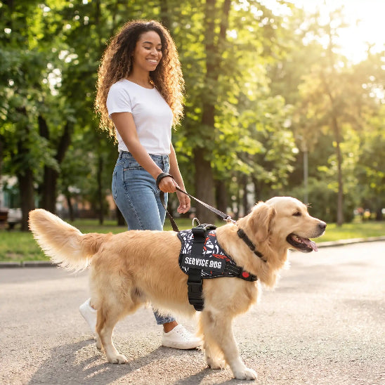 femme promene golden retriever portant harnais anti traction parc