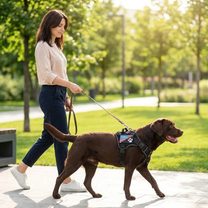 femme promene labrador marron portant harnais chien noir